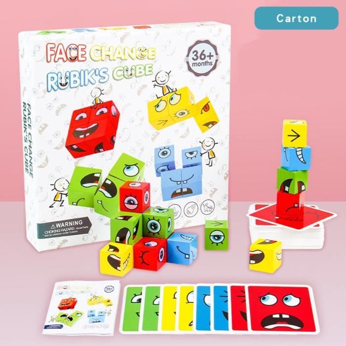 Cube Magic 3D à Changement De Visage - Puzzle En Bois Avec 64 Cartes Expressions - Jeu Éducatif Pour Enfants