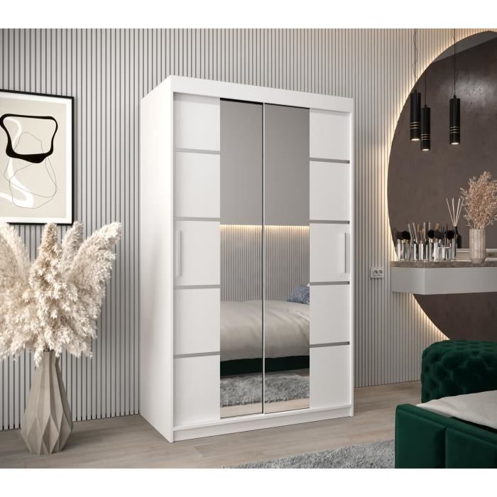 Armoire de Chambre VENTILA 4 Blanc 120 avec 2 Portes Coulissantes et Miroir Penderie (Tringle) avec étagères Sans tiroirs