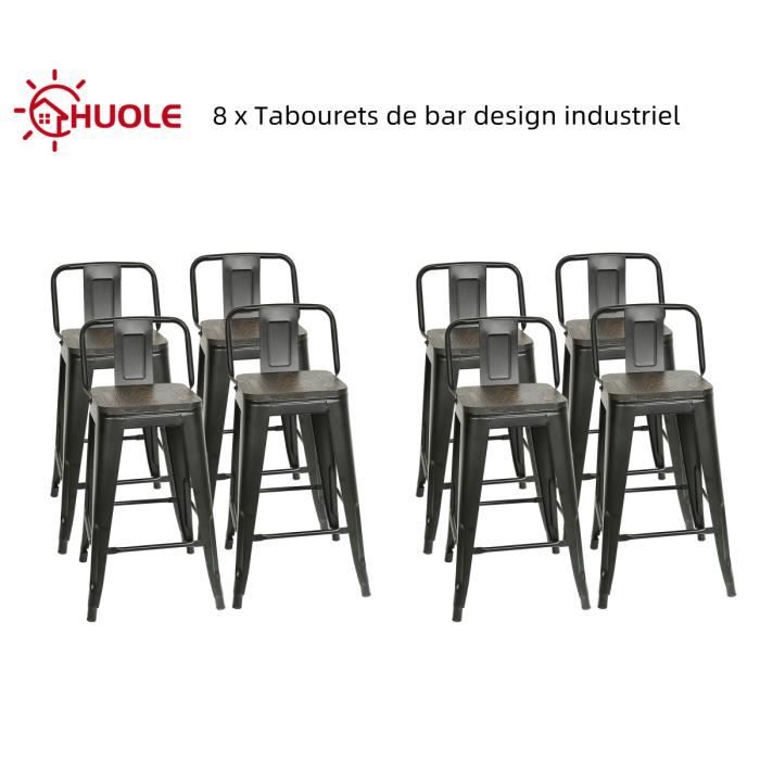 Lot de 8 Tabourets de bar design industriel HUOLE - Noir avec dossier - H 84 cm