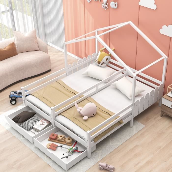 lit cabane blanc 90 x 200 cm pour enfants, 2 lot de lit simple avec 2 tiroirs, sommier et barrières inclus, contemporain