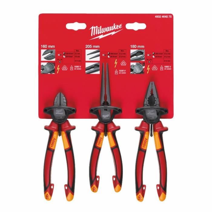 Lot de 3 pinces VDE MILWAUKEE universelle coupante et bec long 4932464575 - vue 2