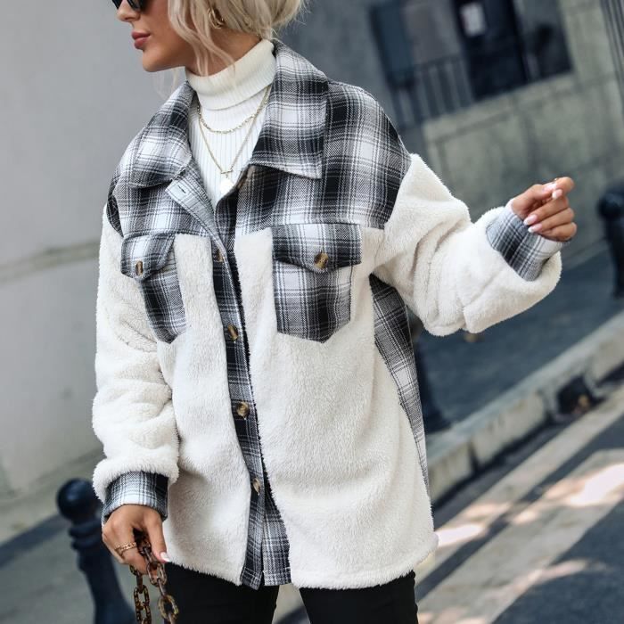 Dioche Veste a carreaux en polaire pour femme Veste en Fourrure Polaire Teddy pour Femme avec Col a Revers et vetements caban White Cdiscount Pret a Porter