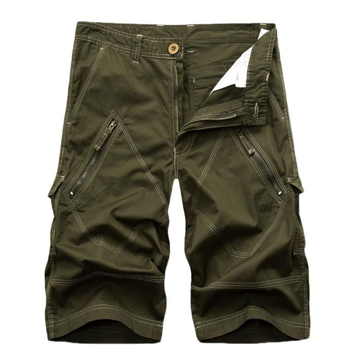 Shorts Hommes Ete Outdoor Casual Short Cargo Couleur Unie Lâche Shorts de Travail Vintage Shorts de Sport,Armée Verte