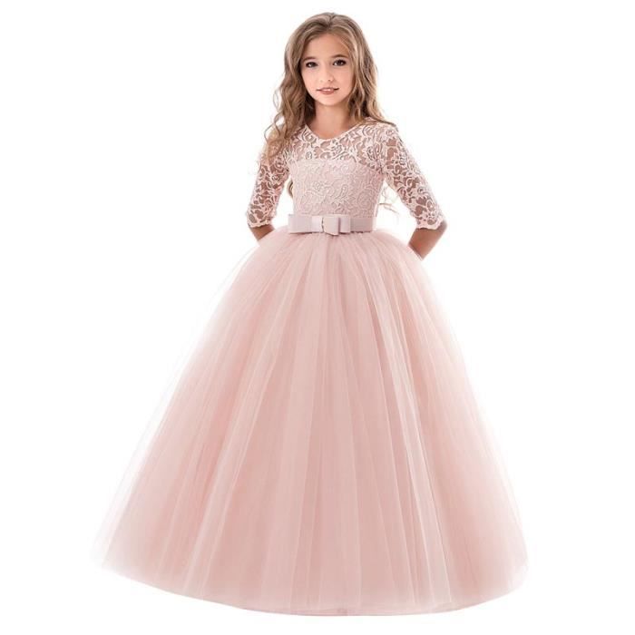 Robe de Princesse Cérémonie Longue Fille en Dentelle Robe Tulle