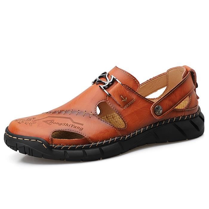 Sandales Homme En Cuir Bout Fermé - Respirantes, Confortables - Pour Été, Marche - 4