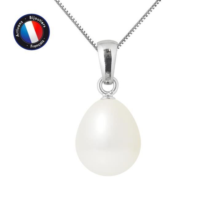 Pendentif - PERLINEA - Véritable Perle de Culture 9-10 mm - Or Blanc - Chaîne Argent 42 cm - Femme