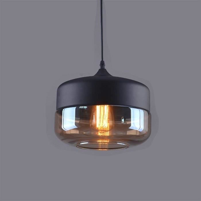 Lustre Verre Industrielle Noir Cylindre Aplatie Style Retro Plafonnier Eclairage Plafond Abat-jour Luminaire E27
