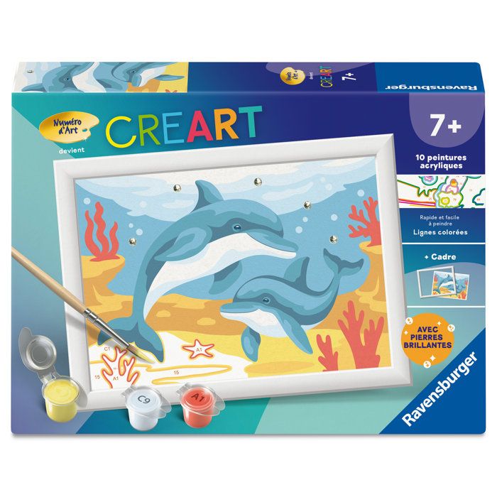 Ravensburger – CreArt Kids 13x18cm – Numéro dArt – Dauphins et coraux – Kit de peinture par numéros – Dès – 12023220