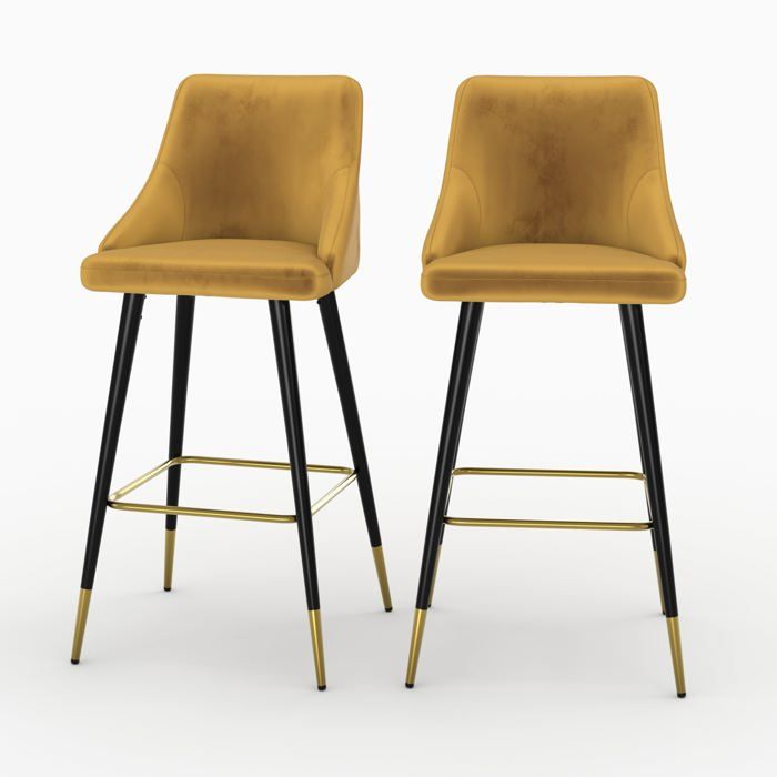 Lot de 2 chaises de bar en velours jaune curry 78 cm - Aristote - Maison Pavane