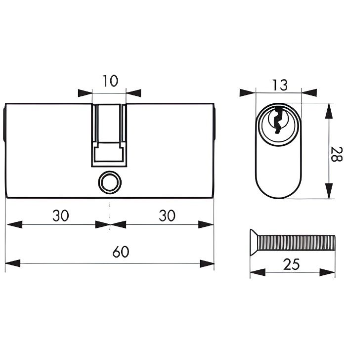 Cylindre de serrure Ovale à double entrée - 30 x 30 mm