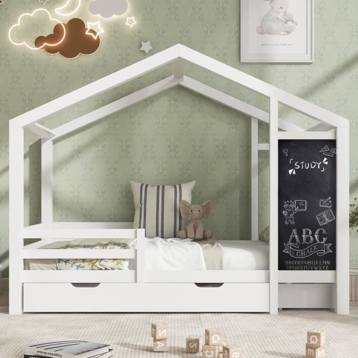Lit cabane enfant en bois blanc et hêtre 90x200 cm - LT2052