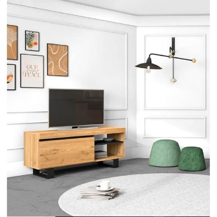 Mueble TV Skraut Home Con Chimenea Eléctrica - Roble Y Negro, 310x50x37 Cm, Para TV Hasta 80", Almacenaje