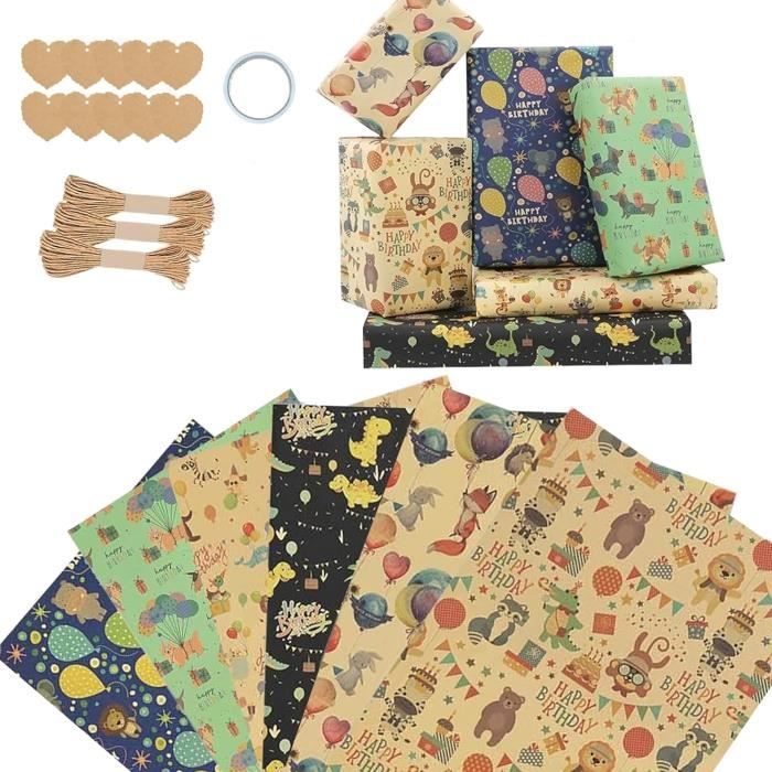 Simpeak Papier Cadeau Kraft, 6Pcs 70 * 100 CM Emballage Cadeau Papier Brun, Papier Anniversaire D'Emballage Avec Autocollant Corde D'emballage Ruban Adhésif Double Face