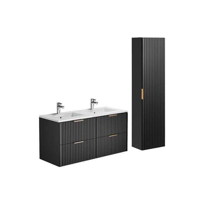 Meuble de salle de bain suspendu strié avec vasque à encastrer et colonne - Noir - 120 cm - ZEVARA
