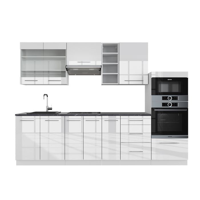 Cuisine R-Line Rouge brillant/Chêne doré 300cm avec armoire haute, sans