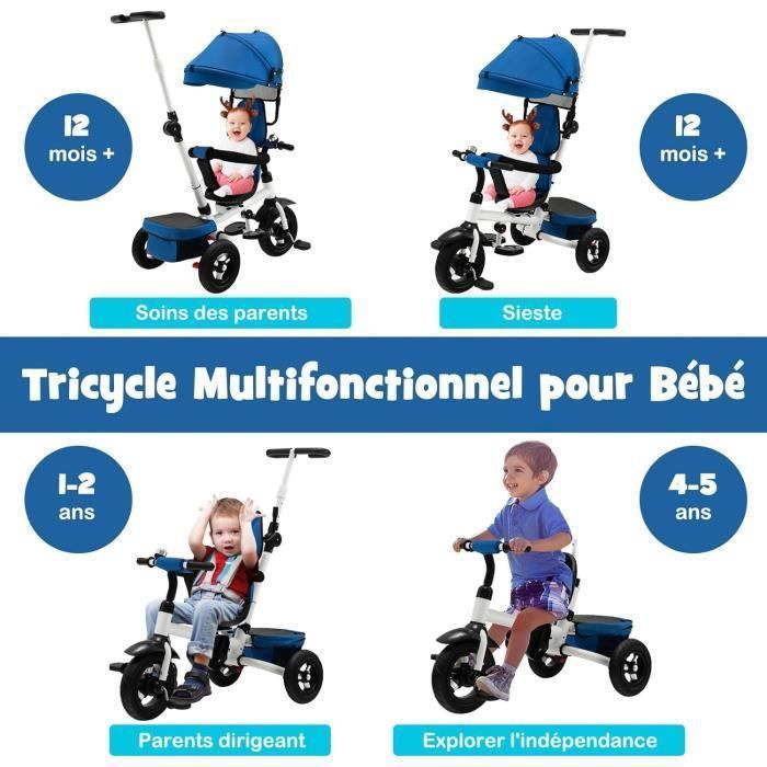 COSTWAY 4 en 1 Tricycle Bebe Evolutif 1 5 ans Draisienne Velo Pliable Enfants Siege Reversible Panier Poignee Reglable Bleu