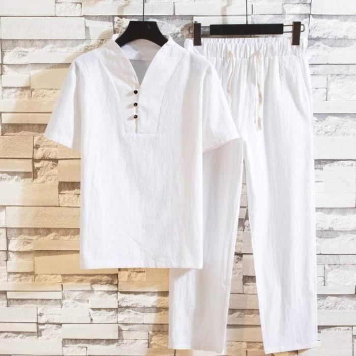 ENSEMBLE DE VETEMENTS pour homme Col en V En coton et lin T