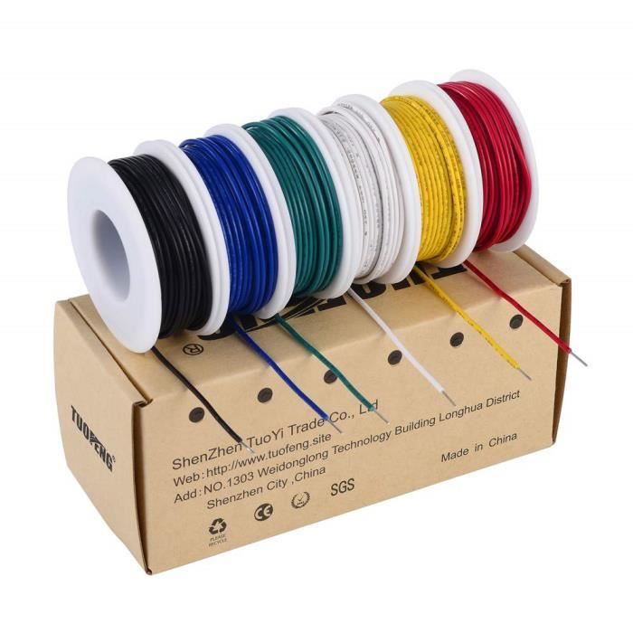 Kit 6 Bobines Fil électrique PVC 18AWG 5m Chaque - Couleurs Assorties