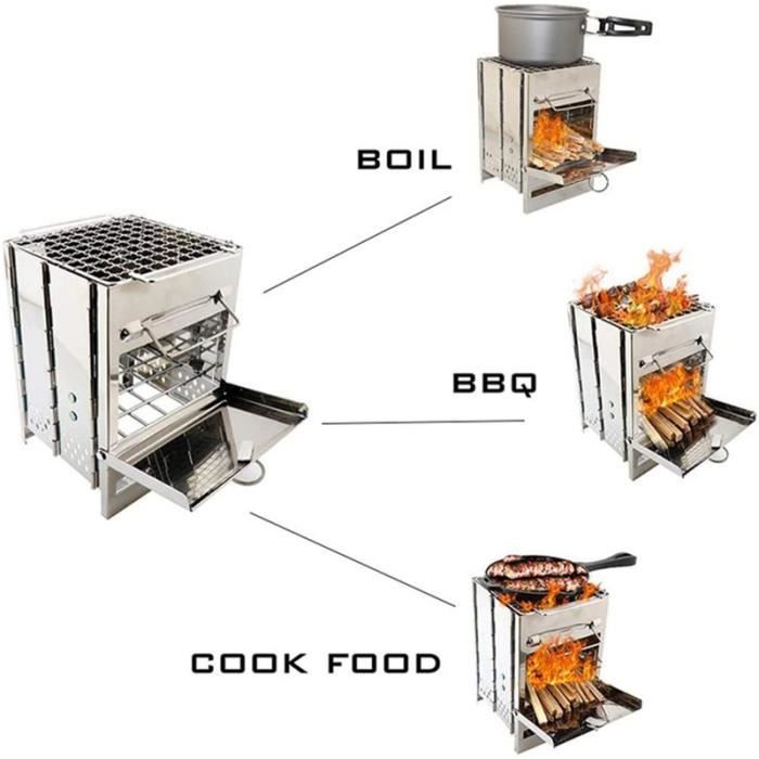 Poêle à bois portable en acier inoxydable pour camping, survie, randonnée, voyage, pique-nique, barbecue