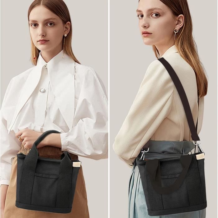 Sac Fourre Tout Multi Poches avec Fermeture Clair Sac Main Japonais en Toile Fait Main avec Compartiments Multifonction Noir