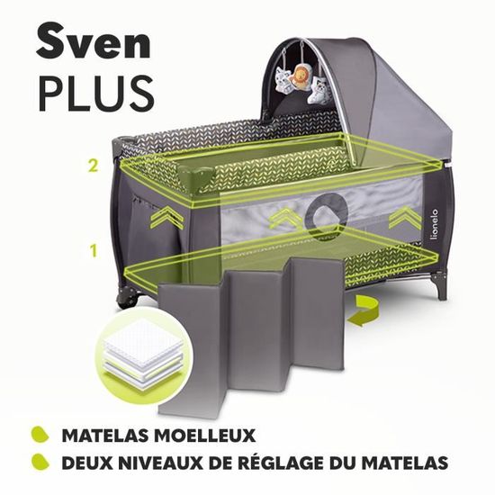 lionelo Sven Plus boîte 2 en 1 lit bébé, Table à Langer, Jouets, baldaquin  Suspendu avec moustiquaire, entrée latérale supplémentaire Rouleaux