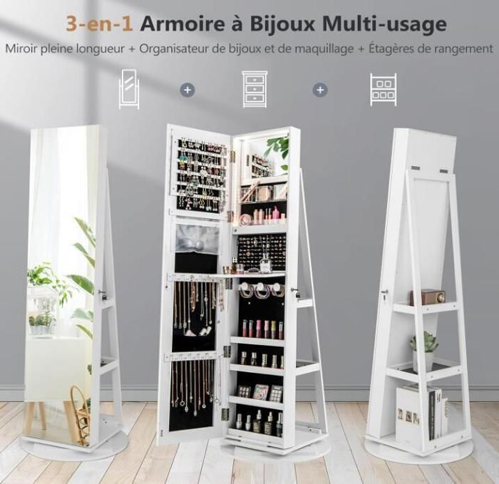 Armoire à Bijoux Pivotante Avec Miroir Psyché LED - Miroir Cosmétique Hollywood - Grande Capacité - Verrouillable - Blanc Ou Marron