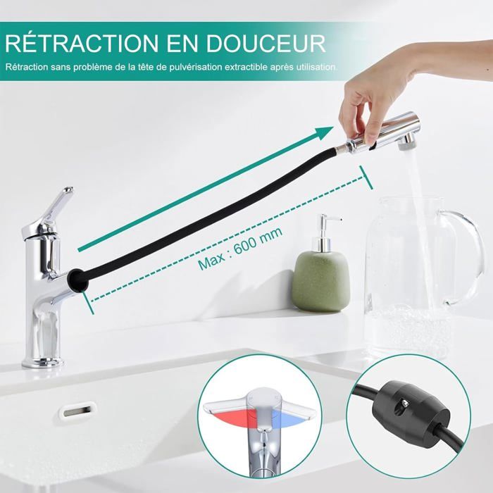 Robinet Salle De Bain CREA Avec Douchette Extractible - Mitigeur Lavabo Laiton Chromé 2 Jets