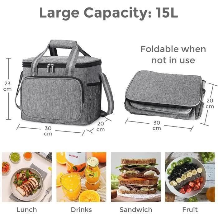 LoQuick Sac Isotherme Repas 15L, Glacière Souple Isotherme, Sac Picnic  Pliable, Lunch Bag Sac de Courses, Sac à Déjeuner, Sac Réfrigérant à Repas,  Déjeuner, Bureau, école, Pique Nique, Plage, Voyage : 