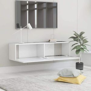 soges Meuble TV Suspendu Blanc avec Éclairage LED, Banc TV Mural pour Centre de Divertissement, Salon Blanc 140 x 38 x 30 cm