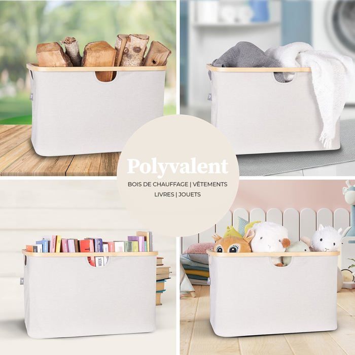 Panier à Linge Pliable HENNEZ 60L Gris - Avec Bord En Bambou Et Fond Plat