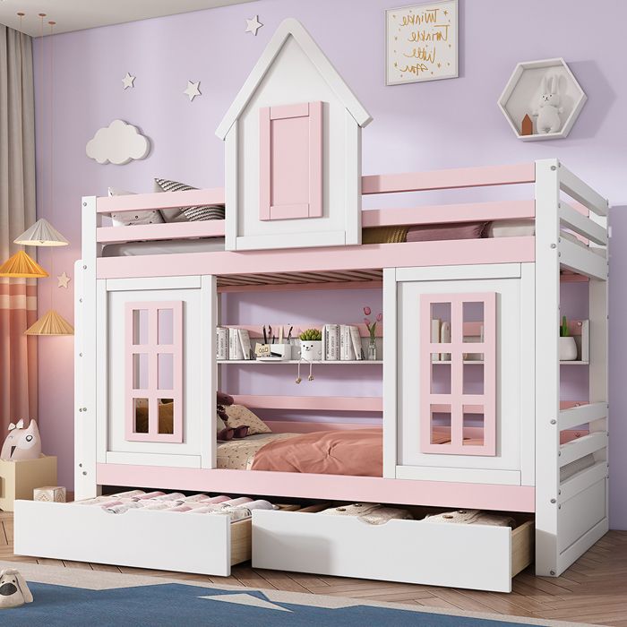 Lit Cabane Enfant PUGSDRLY 90x200 Cm - Lit Mezzanine Mi-hauteur Avec échelle, étagère Et Toit, Rose Ou Vert, Charge 120kg