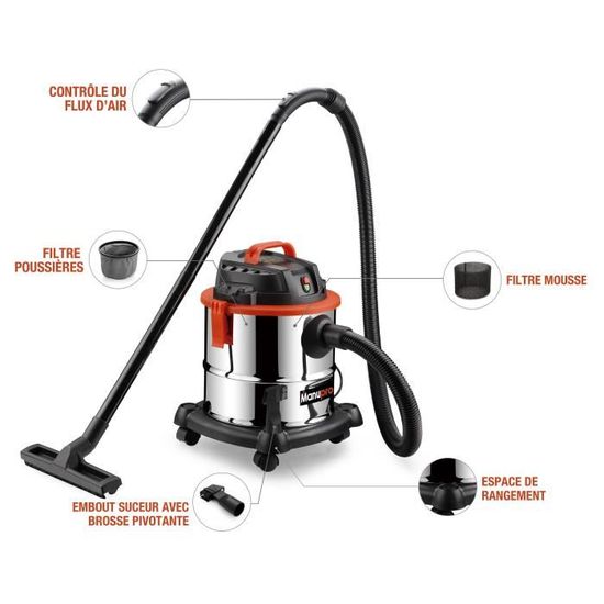 Aspirateur multifonction sol moquette shampouineuse eaux et poussières 20L 1250W