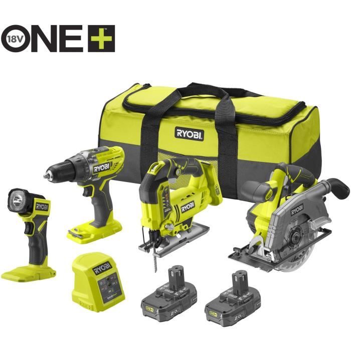 RYOBI Pack 4 outils : perceuse-visseuse scie sauteuse scie circulaire lampe LED + 1 grand sac 2 batteries 2 Ah + 1 chargeur RYOBI Pack 4 outils : perceuse-visseuse scie sauteuse scie circulaire lampe LED + 1 grand sac 2 batteries 2 Ah + 1 chargeur