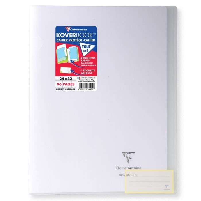 CLAIREFONTAINE Koverbook Cahier piqure 48 pages avec rabats - 240 x 320 mm - Seyes papier PEFC 90 g - Incolore