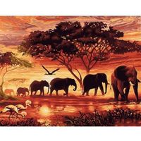 Peinture par numéro Figured Art Éléphants au coucher du soleil 40x50 cm Multicolore