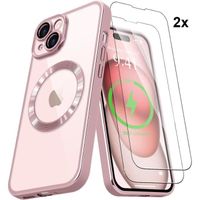 Coque pour iphone 15 plus - 2x vitre verre trempé compatible magsafe effet chromé rose