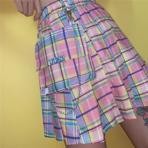 JUPE Jupe,Jupes à carreaux Harajuku pour femmes, Mini jupes plissées, taille haute, ligne a, arc en ciel, uniforme scolaire - Type Rose