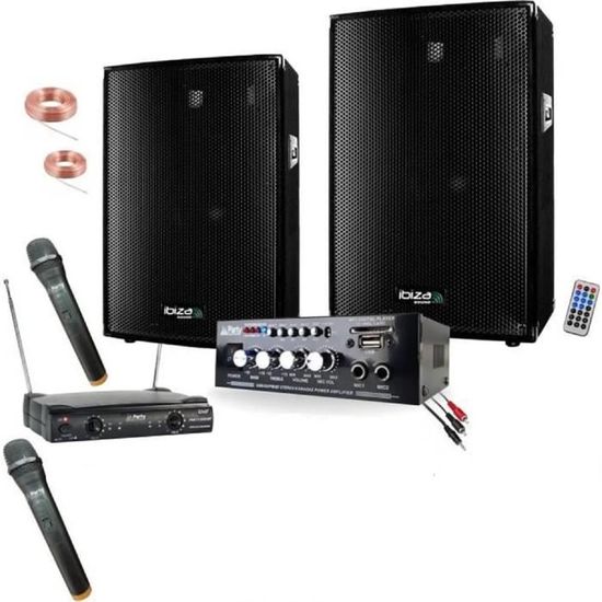 Karaoké Pack Sono 600W - Double Micros sans fil - Ampli Hifi Bluetooth USB - 2 Enceintes sono 300W - Cable PC - DJ anniversaire