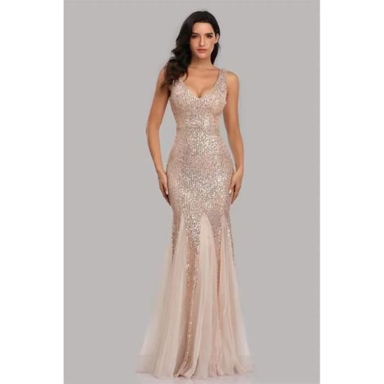 Robe de soiree longue sirene elegante a manches courtes pour femme beige Beige Cdiscount Pret a Porter