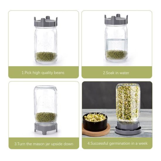 Couvercle De Germination Pour Bocaux Larges - En ABS Et Acier Inoxydable, Avec Support Filtre, Couleur Gris