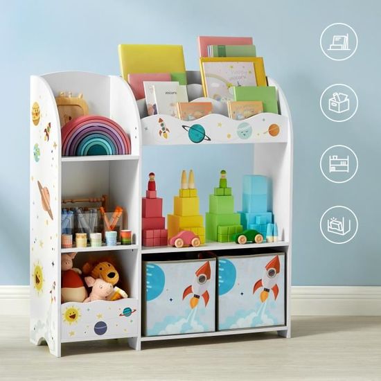 Meuble de Rangement pour Jouets Enfant et Livres, avec 2 Tiroirs en Tissu, Thème planètes, 93 x 30 x 100 cm Blanc GKR42WT