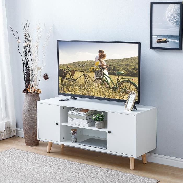 YIS Meuble TV Meuble de salon avec 2 Portes - Style Nordique - en MDF et Pieds en chêne massif - Blanc 116x 39.5x 53.5 cm