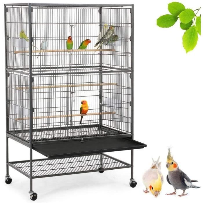 Volière Cage Oiseaux sur roulettes Canaries Perroquet Perruches Cacatoès Ara 3 Étages avec Support 79 x 52 x 132 cm