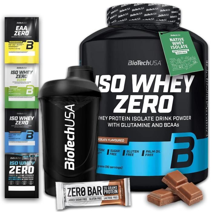 Biotech Iso Whey Zero Chocolat + Shaker + Barre Protéinée + 4x Enchantillon
