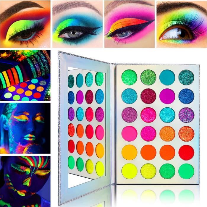 Palette Maquillage Yeux Fard à Paupière Fluo Coloré, Afflano UV Balcklight Eyeshadow Palette Matte Neon Glitter, Professionnel Ro