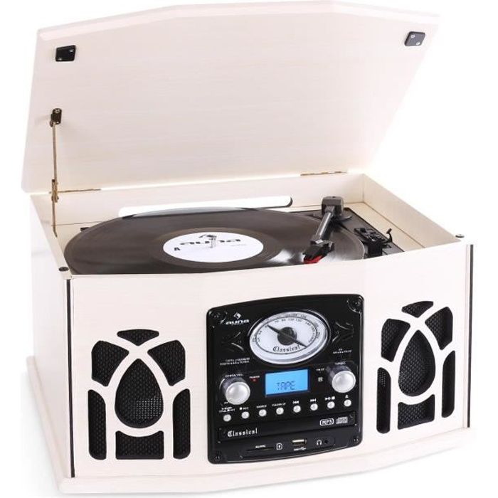 auna NR-620 - Chaîne hifi stéréo avec platine vinyle vintage - Platine vinyle, lecteur cassette, CD et MP3 USB - Bois beige