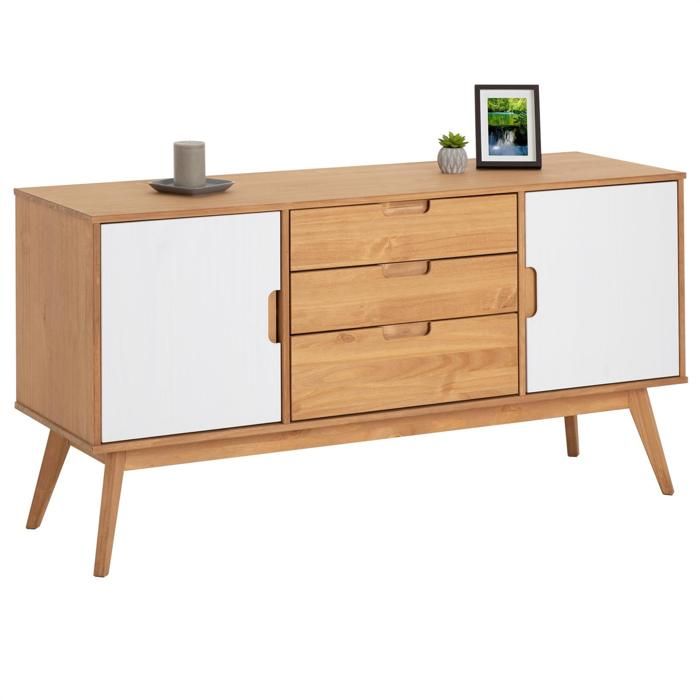 Buffet TIVOLI design vintage scandinave nordique commode bahut vaisselier 3 tiroirs 2 portes, pin massif finition bois teinté/blanc