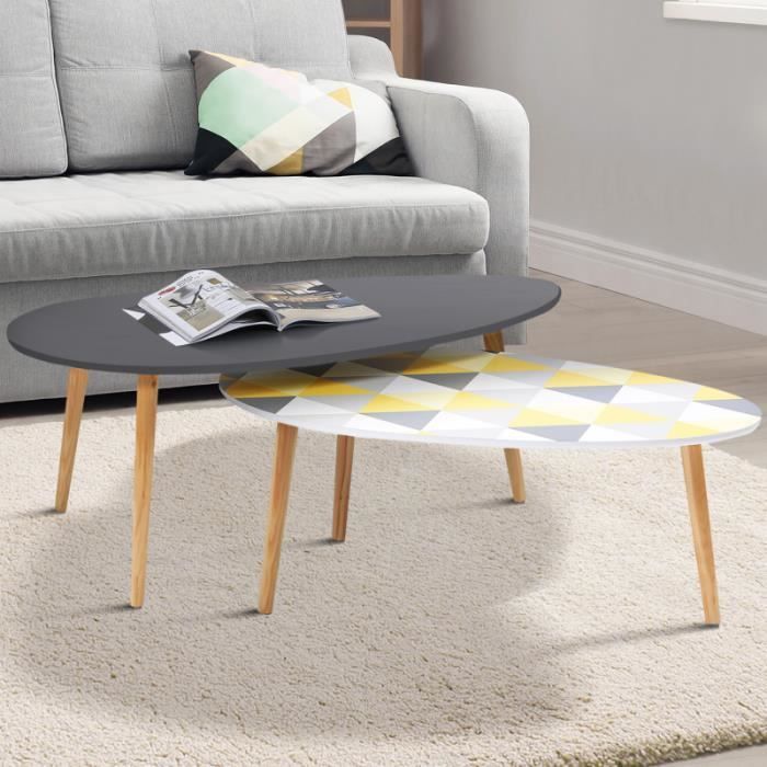ID MARKET - Lot de 2 tables basses gigognes GIGI laquées gris motifs blanc jaune gris