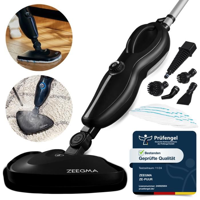 ZEEGMA Puur 2en1 balai vapeur et nettoyeur haute pression 1500 W Réservoir d'eau de 370 ml 2 filtres à eau 7 accessoires