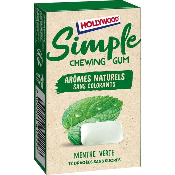 HOLLYWOOD Chewing Gum Simple - Parfum Menthe Chlorophylle - Sans Sucre & sans Colorants - Lot de 16 paquets x 22 g